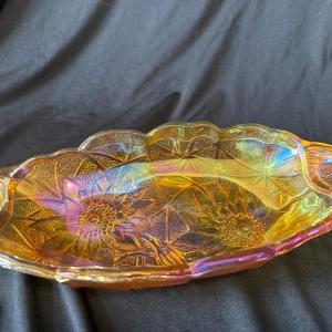 Photo of Vintage Indiana Glass Amber Carnival Glass Handled Oval Dish Sunflowers (9.5' x 