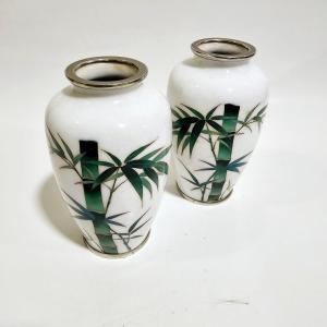 Photo of Vintage set of Bamboo Design White Japanese Cloisonne Enamel Vases