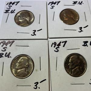 Photo of (4) 1947-S UNCIRCULATED CONDITION JEFFERSON NICKEL COINS AS PICTURED.