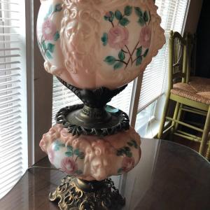 Photo of Antique Electrified Gone with the Wind Lamp with Lions and Rose Motif