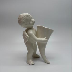 Photo of White Ceramic Cherub Angel Vase Figurine Holding Cornucopia open Horn Vintage