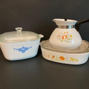 Photo of LOT 105: Vintage Corning Ware - Blue Snowflake Casserole and Wildflower Teapot /