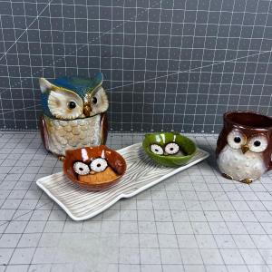 Photo of CUTE! Lot of Owls; Serving tray and Dip tray, Cup, Lidded Hidey Owl. 