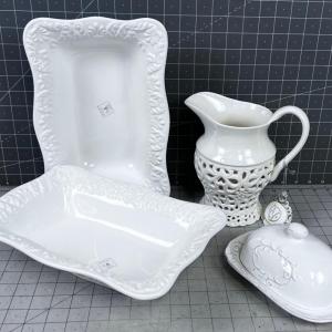 Photo of White Ceramic Serving Ware; Bowls, Pitcher, etc.