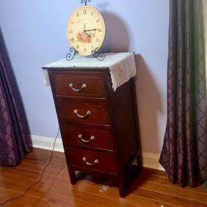 Photo of LOT:164: Four Drawer Accent Chest with Floral Standing Clock and Runner.