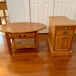 Photo of LOT:168: Oval Coffee Table with Drawer and End Table/Magazine Cabinet.