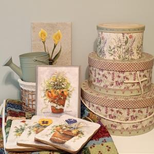 Photo of LOT 144: Cottagecore Collection- Handmade Quilt, Handpainted Stone Tile, Hat Box