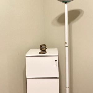 Photo of LOT 113: Locking Filing Cabinet, Vintage Bosch Pencil Sharpener and Torch Lamp