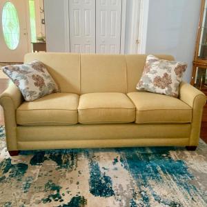 Photo of LOT:166: Lazyboy Yellow Sofa with Accent Pillows