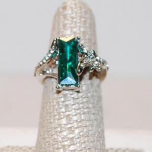 Photo of Size 7 Green Emerald-Cut Stone Ring on a Silver Branch Setting with Clear Accent