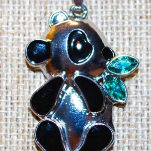 Photo of Black & Silver .925 Panda PENDANT (1½" x 1") with Green Marquise Cut Stones as 