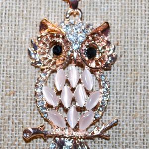 Photo of Pink Iridescent Stones Owl PENDANT (2½" x 1¼") with Black Eyes and Clear Color