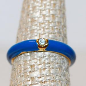 Photo of Size 7 Blue Enamel Ring with Solitaire Gold-Circled Clear Stone (3.1g)
