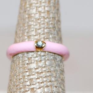 Photo of Size 7 Pink Enamel Band Ring with Gold-Circled Solitaire Clear Stone (2.9g)