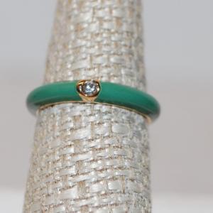 Photo of Size 7 Forest Green Enamel Band Ring with Gold-Circled Solitaire Clear Stone (2.
