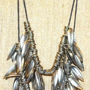 Photo of Ostentatious Double Row "Metal Leaves & Ringlets" Necklace on a Black Rope Neckl