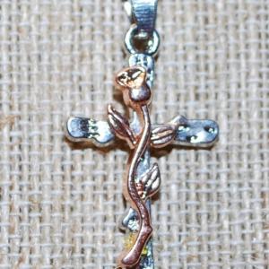 Photo of Rose Gold Rose on Silver Tone Cross PENDANT (1¾" x ¾") on a Silver Tone Neckla