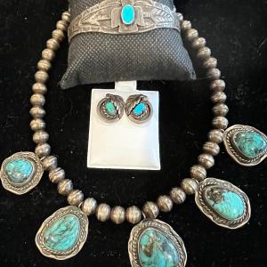 Photo of Vintage Pawn Turquoise & Silver Necklace Earring set w Sterling bracelet