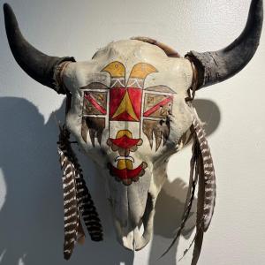 Photo of Vintage Hand Painted Skull Bison Buffalo Cow Southwest Native American Feathers