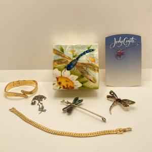 Photo of LOT 197: Dragonfly Themed Collection, Airbrushed Shell Trinket Box and Monet Jew