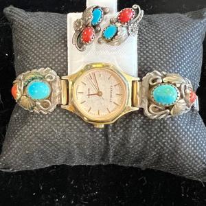 Photo of Unmarked silver turquoise & coral watch band + earrings