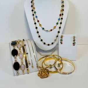 Photo of Lot 221: Goldtone Jewelry: Bracelets 7", Bangles, Faceted Rhinestone Necklaces