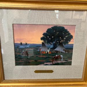 Photo of Thomas W Lorimer Oil on Canvas Art An Evening Fire Signed Native American Wester
