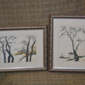 Photo of Set of 2 Asian Art Prints in Ornate Silver Tone Frames