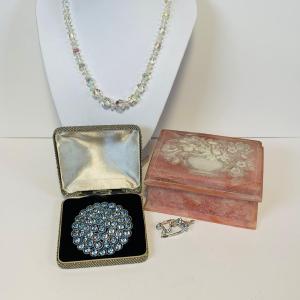 Photo of Lot 240: Vintage Beautiful Pink Incolay Stone Trinket Box, Vintage Blue Rhinesto