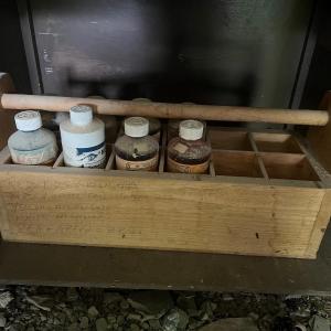 Photo of Wood Painters / Carpenters Box with Various Bottles