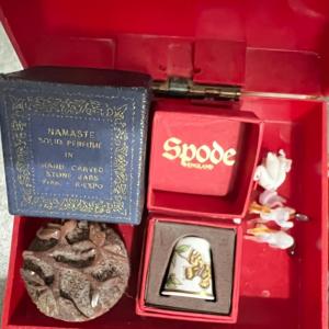 Photo of Carved perfume box, Spode Thimble, glass miniatures