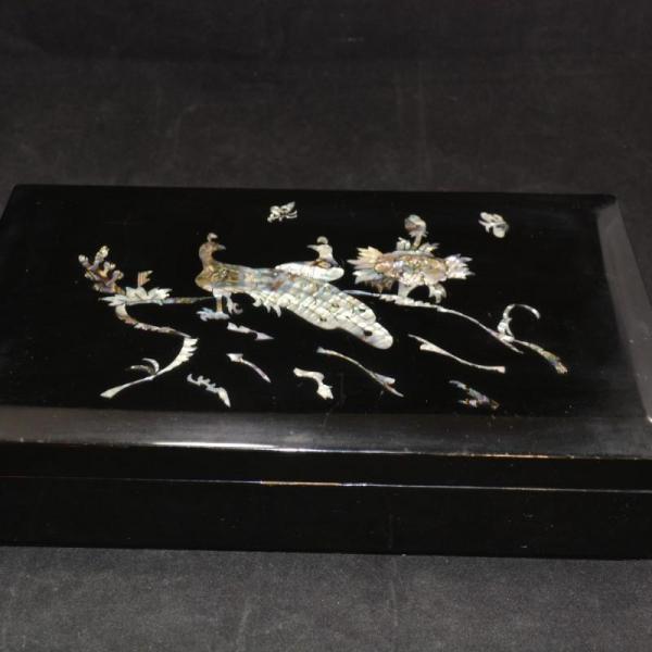 Photo of Vintage South Korean Lacquered Musical Smoking Box with Mother of Pearl 12"x7.25