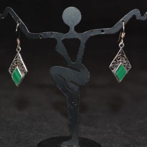 Photo of Vintage 925 Sterling Filigree Drop Earrings with Malachite 2.8g