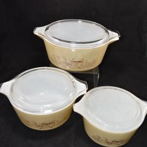 Photo of Set of 3 Vintage "Forest Fancies" Mushroom Casserole Dishes with Lids