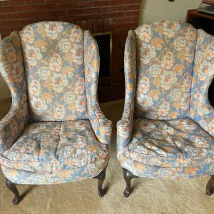Photo of Vintage Pair of Heritage Floral Queen Anne Style Wing Back Chairs
