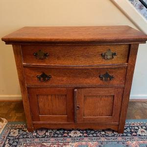 Photo of Antique Oak 2 Drawer 2 Door Washstand Server Buffet Cabinet