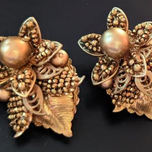 Photo of Vintage Eugene gold tone clip earrings Floral and Leaves motif 1952-1962