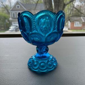 Photo of Vintage LE Smith Moon & Stars Aqua Blue Compote Footed Candy Dish