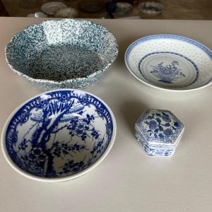 Photo of Assortment of Blue and White Serving Platters and Trinket Box