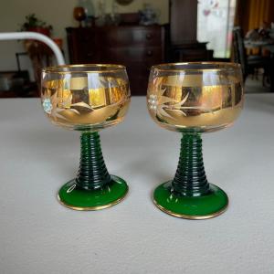 Photo of Two Gold Painted Roemer Wine Glasses Green Foot