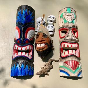 Photo of LOT 203: Wood Tiki Masks, Coconut Head Pirate, Cast Iron Skulls and Plastic Alli