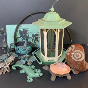 Photo of LOT 206: Outdoor Decor and More with a Bird Feeder, Cast Iron Frog Candle Sticks