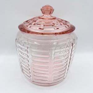 Photo of Vtg. Depression Glass Pink Ribbed Bee Hive Cookie Biscuit Jar