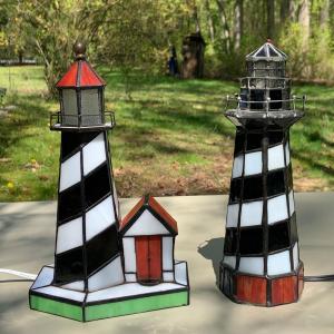 Photo of LOT 194: Set of 2 Stained Glass Light House Lamps
