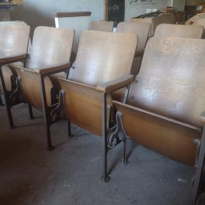 Photo of Vintage Four Chair Wood Theatre or Church Pew Seating with Flip Seat and Cast Ba