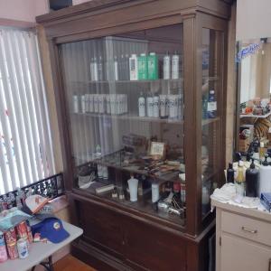 Photo of Antique 2-Piece Wood Framed Glass Display Front Apothecary Cabinet