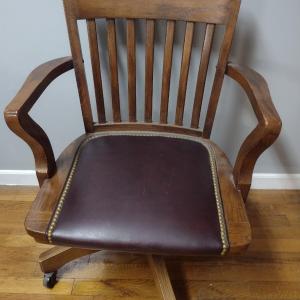 Photo of Vintage Mission Style Wood Frame Office Chair with Leather Seat and Brass Tack A
