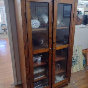 Photo of Antique Double Glass Door Oak Storage Cabinet (No Contents)