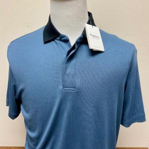 Photo of Therory NWT new Polo knit shirt medium blue with dark blue collar size L large