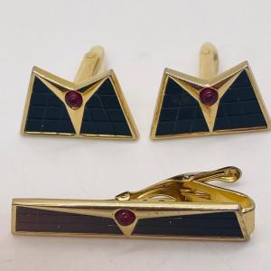 Photo of 3 pc Men's Lot - Foster Tie Bar & Cuff Links - gold tone with black & red design